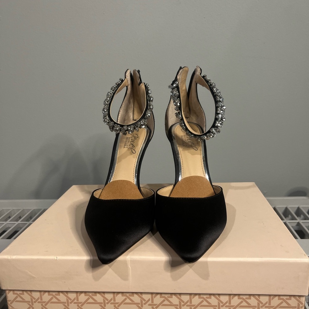 Jewel Badgley Mischka Black Satin Heels with Crystal Strap
